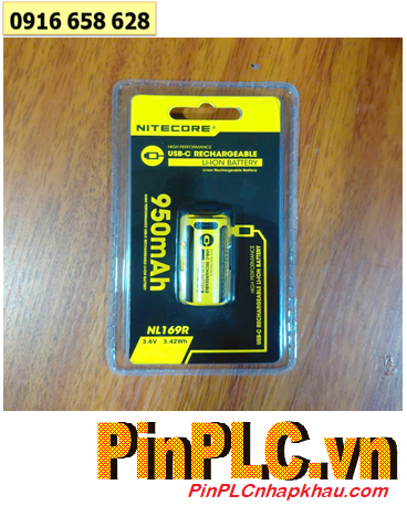 Nitecore NL169R; Pin sạc 16340 CR123A Nitecore NL169R 3.7v 950mAh 3.42Wh /Thân có cổng sạc USB-Type C